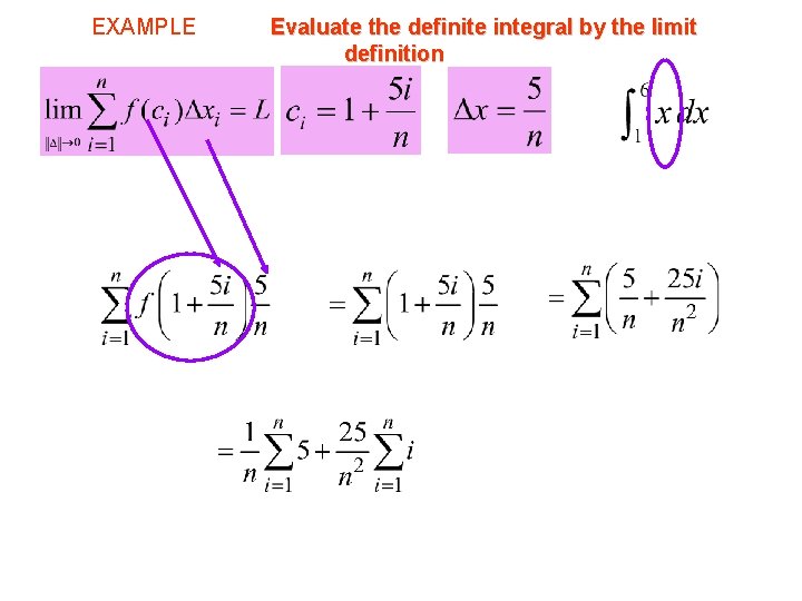 EXAMPLE Evaluate the definite integral by the limit definition EXAMPLE Evaluate the definite integral by the limit definition