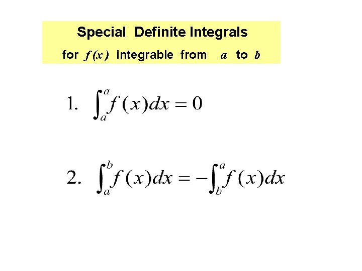 Special Definite Integrals for f (x ) integrable from a to b Special Definite Integrals for f (x ) integrable from a to b