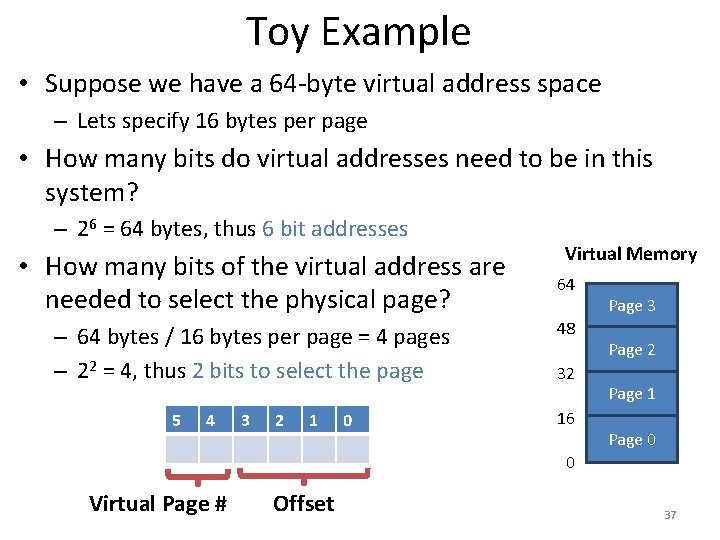 Toy Example • Suppose we have a 64 -byte virtual address space – Lets
