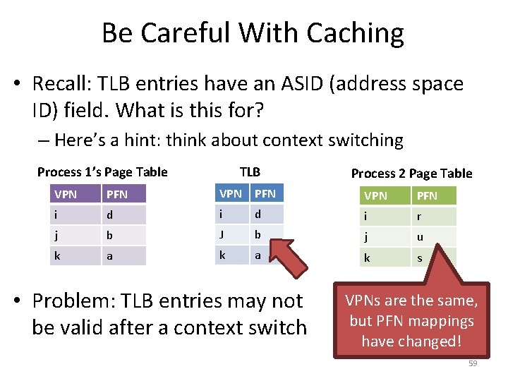 Be Careful With Caching • Recall: TLB entries have an ASID (address space ID)