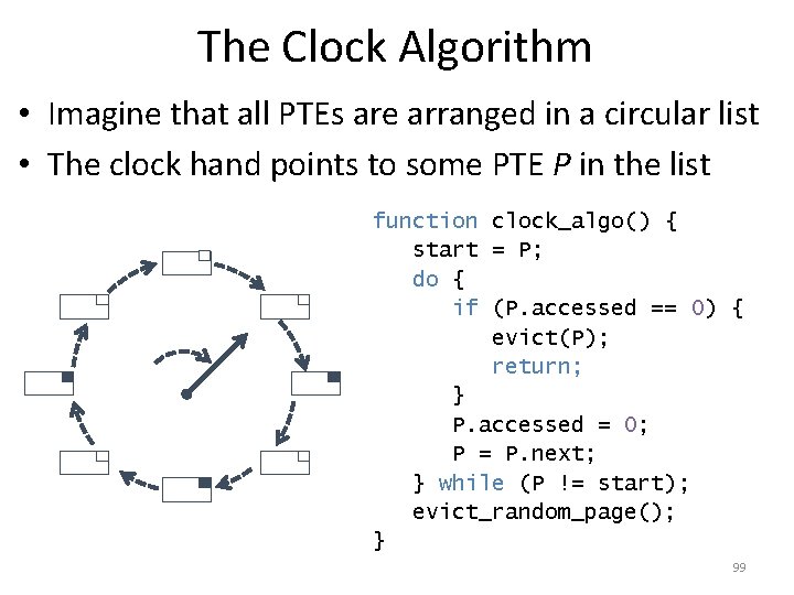 The Clock Algorithm • Imagine that all PTEs are arranged in a circular list
