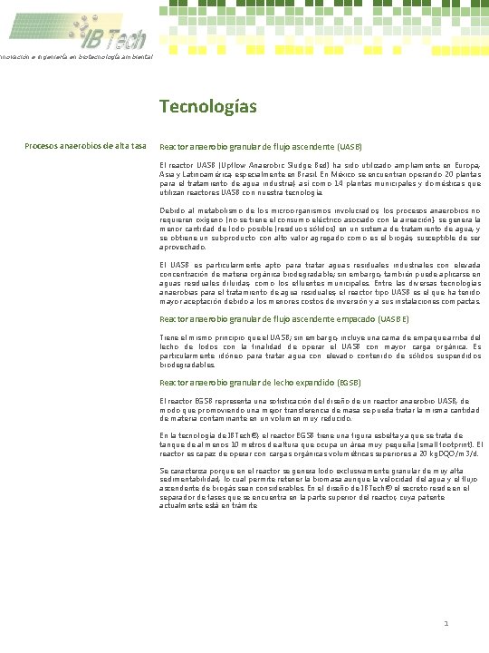 nnovación e ingeniería en biotecnología ambiental Tecnologías Procesos anaerobios de alta tasa Reactor anaerobio