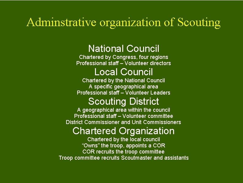 Adminstrative organization of Scouting National Council Chartered by Congress, four regions Professional staff –