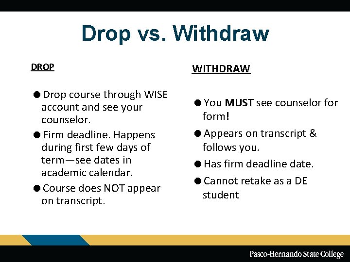 Drop vs. Withdraw DROP WITHDRAW =Drop course through WISE account and see your counselor.