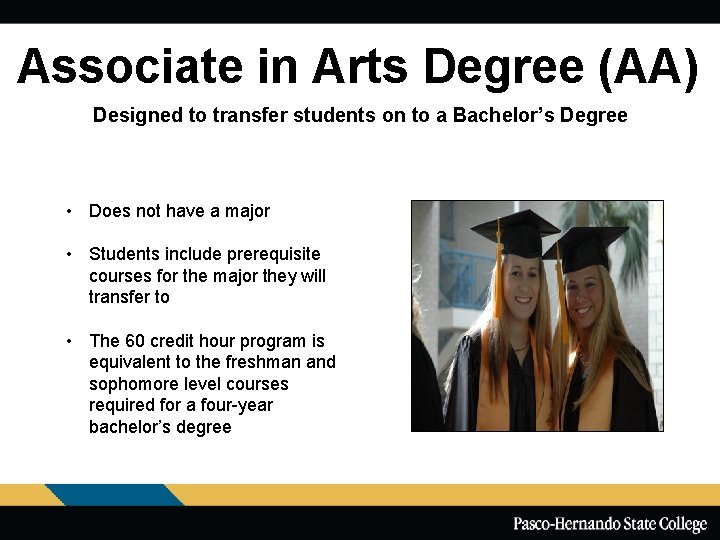 Associate in Arts Degree (AA) Designed to transfer students on to a Bachelor’s Degree