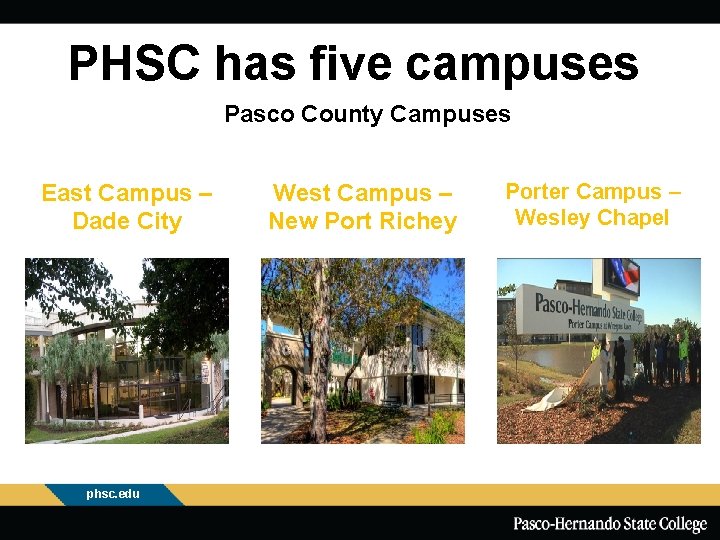 PHSC has five campuses Pasco County Campuses East Campus – Dade City phsc. edu