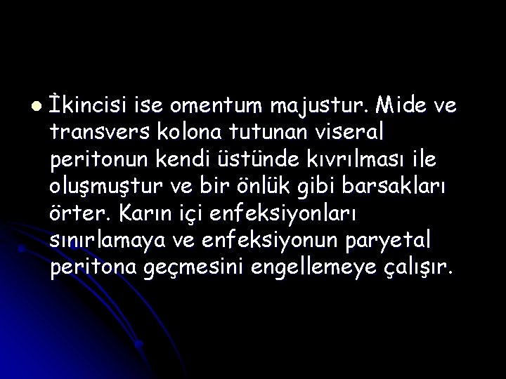 l İkincisi ise omentum majustur. Mide ve transvers kolona tutunan viseral peritonun kendi üstünde