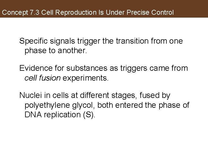 Concept 7. 3 Cell Reproduction Is Under Precise Control Specific signals trigger the transition