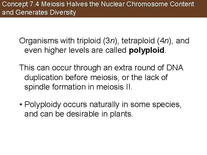 Concept 7. 4 Meiosis Halves the Nuclear Chromosome Content and Generates Diversity Organisms with