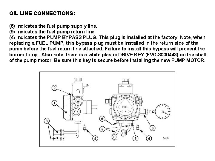 OIL LINE CONNECTIONS: (6) Indicates the fuel pump supply line. (9) Indicates the fuel