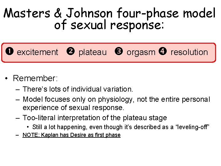 Masters & Johnson four-phase model of sexual response: excitement plateau orgasm resolution • Remember: Masters & Johnson four-phase model of sexual response: excitement plateau orgasm resolution • Remember: