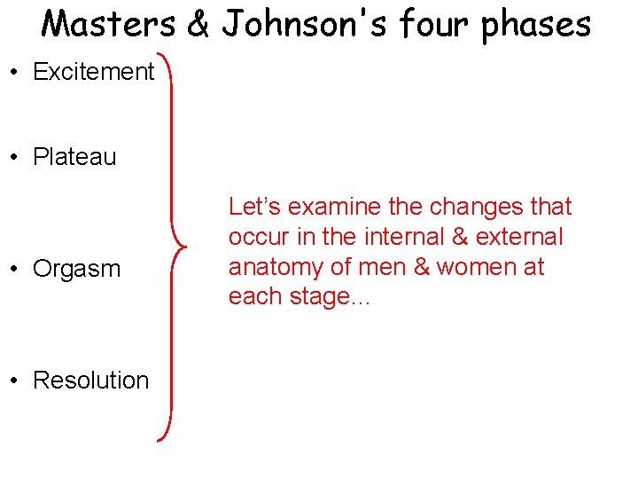 Masters & Johnson's four phases • Excitement • Plateau • Orgasm • Resolution Let’s Masters & Johnson's four phases • Excitement • Plateau • Orgasm • Resolution Let’s