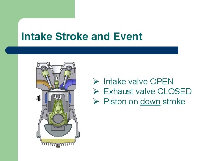 Intake Stroke and Event Ø Intake valve OPEN Ø Exhaust valve CLOSED Ø Piston