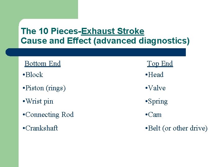 The 10 Pieces-Exhaust Stroke Cause and Effect (advanced diagnostics) Bottom End • Block Top