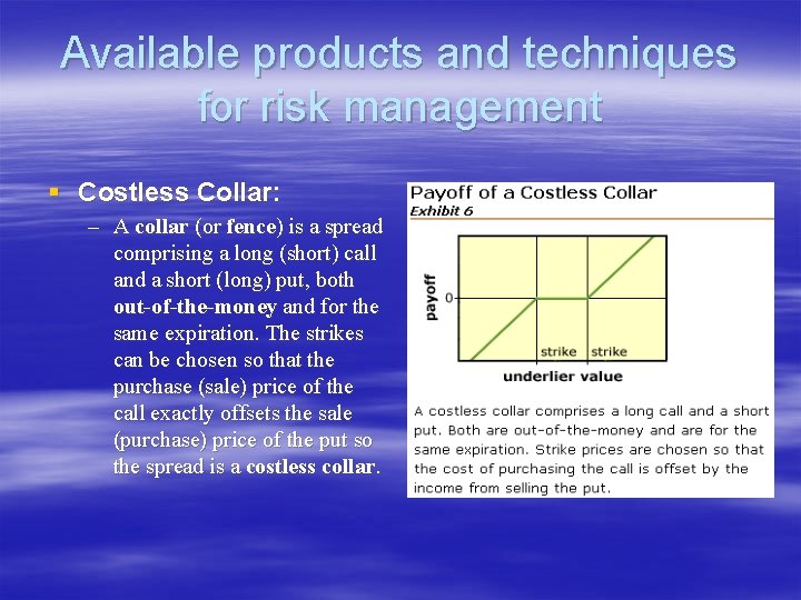 Available products and techniques for risk management § Costless Collar: – A collar (or