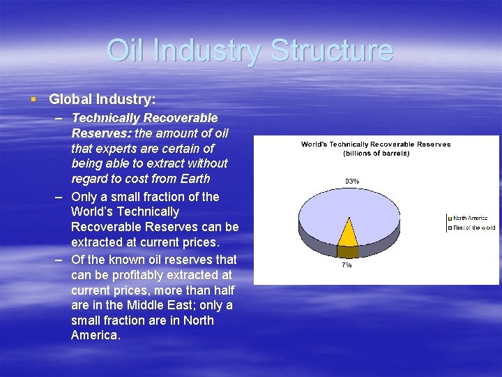 Oil Industry Structure § Global Industry: – Technically Recoverable Reserves: the amount of oil