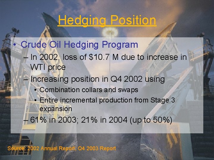 Hedging Position • Crude Oil Hedging Program – In 2002, loss of $10. 7