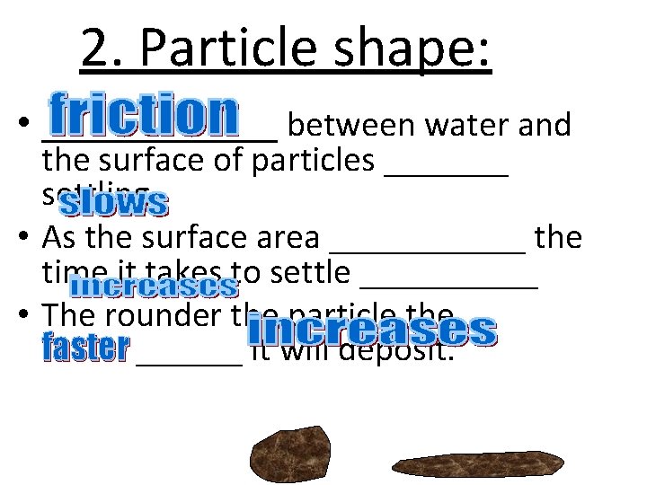 2. Particle shape: • ______ between water and the surface of particles _______ settling.