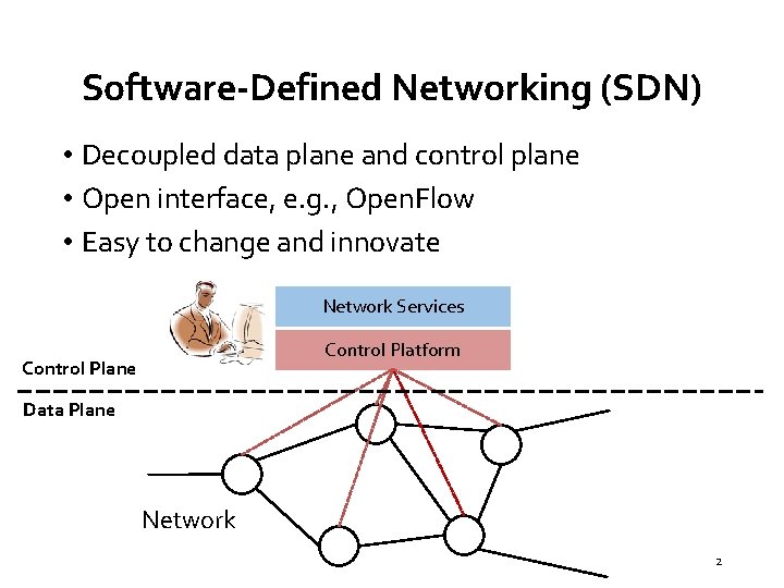 Software-Defined Networking (SDN) • Decoupled data plane and control plane • Open interface, e.