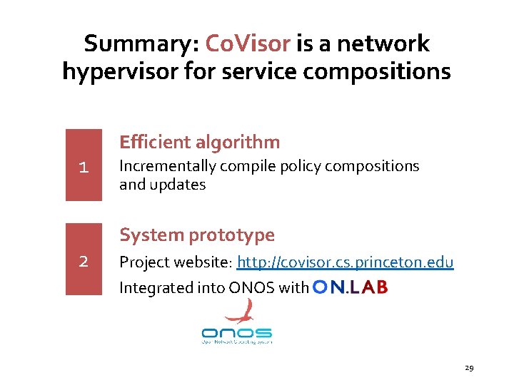 Summary: Co. Visor is a network hypervisor for service compositions 1 2 Efficient algorithm