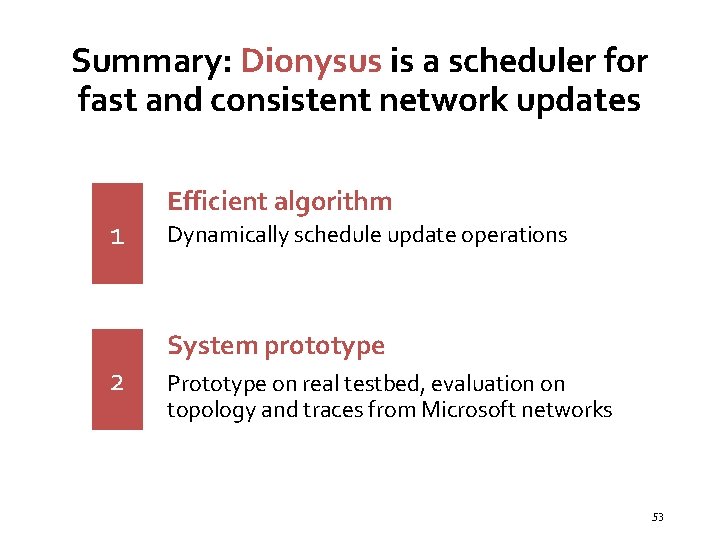 Summary: Dionysus is a scheduler for fast and consistent network updates 1 2 Efficient