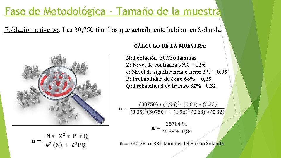Fase de Metodológica - Tamaño de la muestra Población universo: Las 30, 750 familias