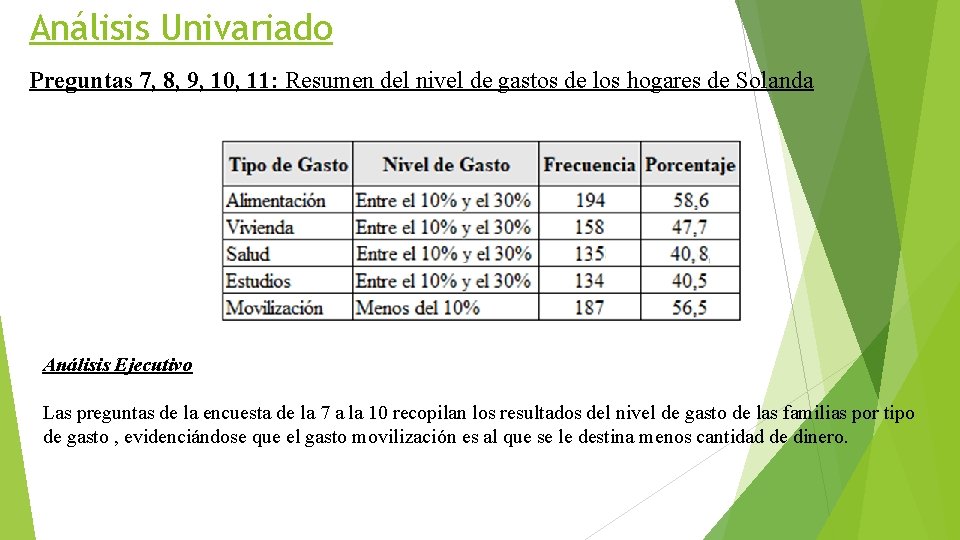 Análisis Univariado Preguntas 7, 8, 9, 10, 11: Resumen del nivel de gastos de