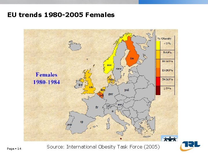 EU trends 1980 -2005 Females Page 14 Source: International Obesity Task Force (2005) 