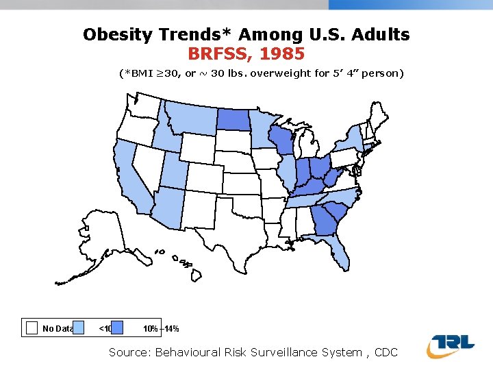 Obesity Trends* Among U. S. Adults BRFSS, 1985 (*BMI ≥ 30, or ~ 30