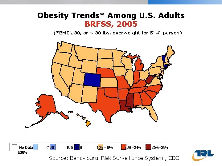 Obesity Trends* Among U. S. Adults BRFSS, 2005 (*BMI ≥ 30, or ~ 30