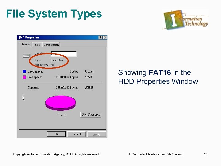 File System Types Showing FAT 16 in the HDD Properties Window Copyright © Texas