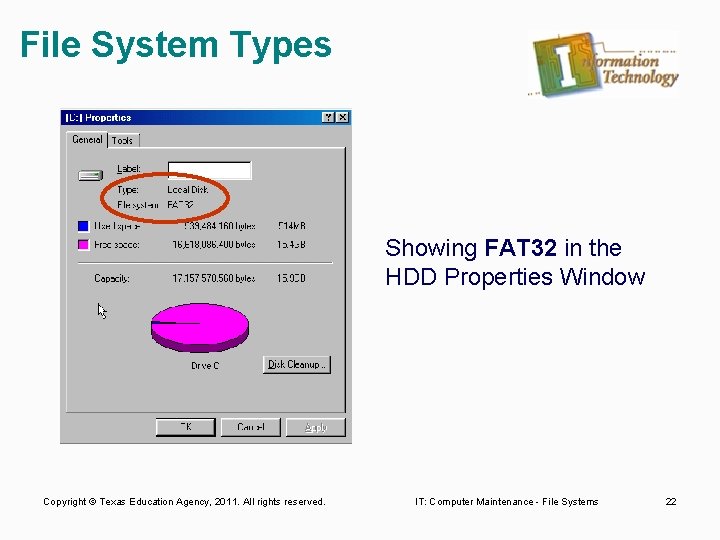 File System Types Showing FAT 32 in the HDD Properties Window Copyright © Texas