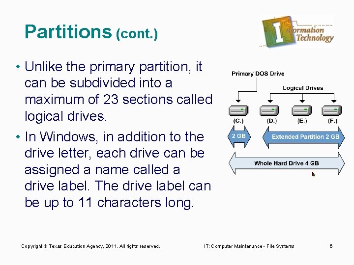 Partitions (cont. ) • Unlike the primary partition, it can be subdivided into a