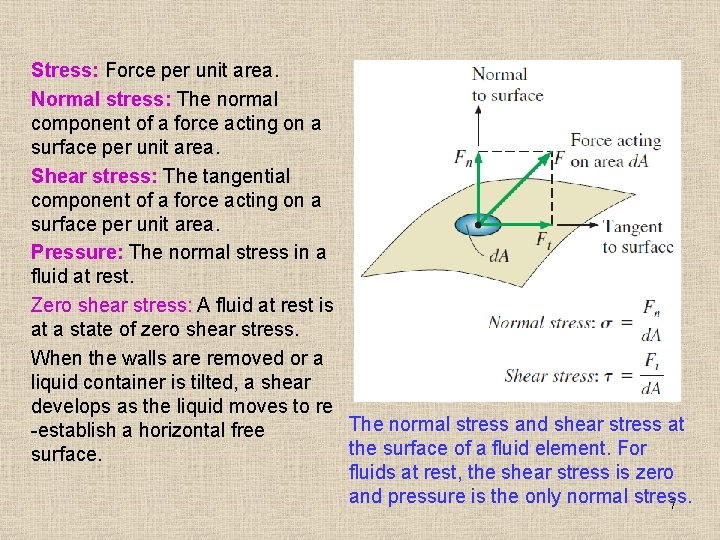 Stress: Force per unit area. Normal stress: The normal component of a force acting Stress: Force per unit area. Normal stress: The normal component of a force acting