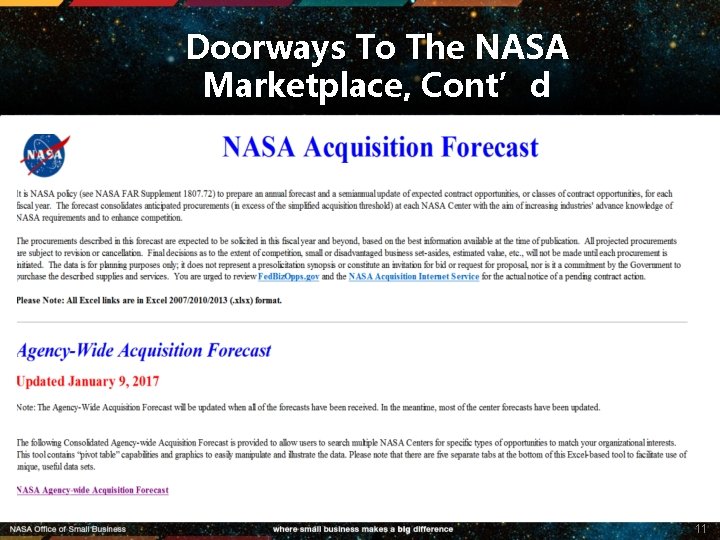 Doorways To The NASA Marketplace, Cont’d 11 