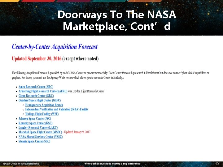 Doorways To The NASA Marketplace, Cont’d 12 