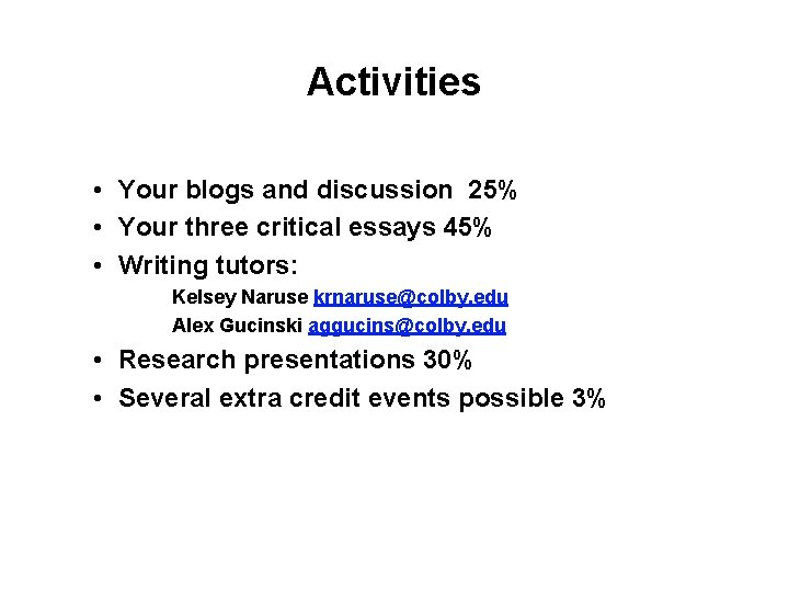 Activities • Your blogs and discussion 25% • Your three critical essays 45% • Activities • Your blogs and discussion 25% • Your three critical essays 45% •