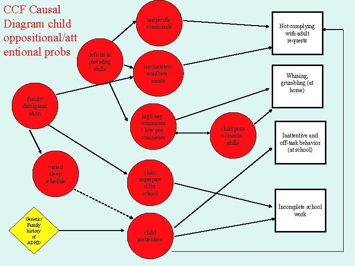 CCF Causal Diagram child oppositional/att entional probs family disorganiz ation varied sleep schedule Genetic/