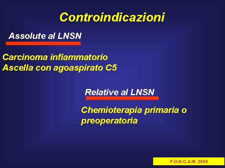 Controindicazioni Assolute al LNSN Carcinoma infiammatorio Ascella con agoaspirato C 5 Relative al LNSN