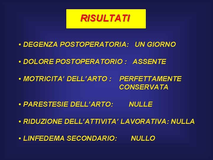 RISULTATI • DEGENZA POSTOPERATORIA: UN GIORNO • DOLORE POSTOPERATORIO : ASSENTE • MOTRICITA’ DELL’ARTO