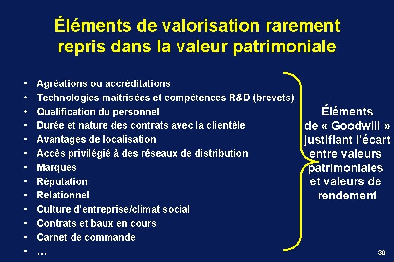 Éléments de valorisation rarement repris dans la valeur patrimoniale • • • • Agréations