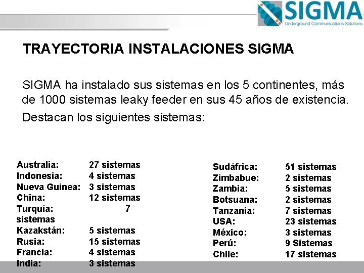 TRAYECTORIA INSTALACIONES SIGMA ha instalado sus sistemas en los 5 continentes, más de 1000