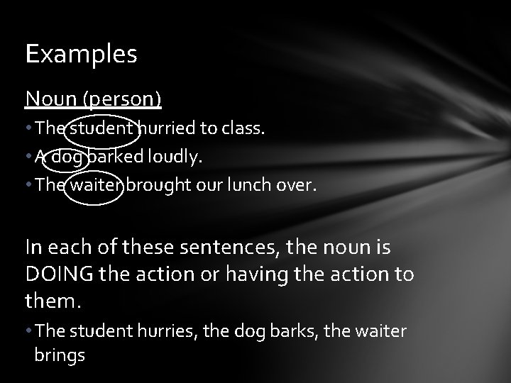 Examples Noun (person) • The student hurried to class. • A dog barked loudly.