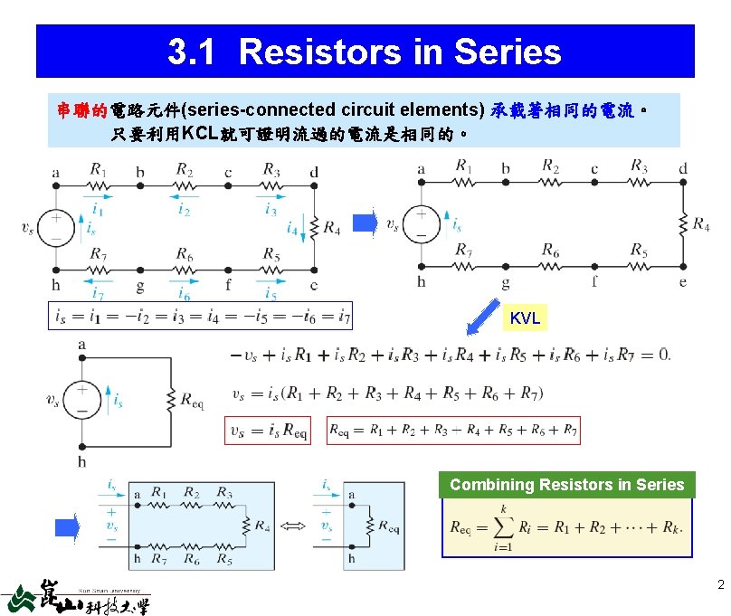 3. 1 Resistors in Series 串聯的電路元件(series-connected circuit elements) 承載著相同的電流。 只要利用KCL就可證明流過的電流是相同的。 KVL Combining Resistors in 3. 1 Resistors in Series 串聯的電路元件(series-connected circuit elements) 承載著相同的電流。 只要利用KCL就可證明流過的電流是相同的。 KVL Combining Resistors in