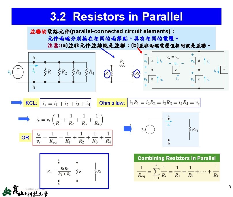 3. 2 Resistors in Parallel 並聯的電路元件(parallel-connected circuit elements): 元件兩端分別接在相同的兩節點,具有相同的電壓。 注意: (a)並非元件並排就是並聯;(b)並非兩端電壓值相同就是並聯。 KCL: Ohm’s law: 3. 2 Resistors in Parallel 並聯的電路元件(parallel-connected circuit elements): 元件兩端分別接在相同的兩節點,具有相同的電壓。 注意: (a)並非元件並排就是並聯;(b)並非兩端電壓值相同就是並聯。 KCL: Ohm’s law: