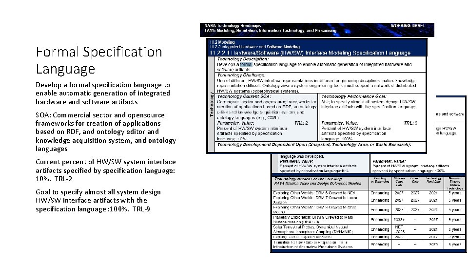 Formal Specification Language Develop a formal specification language to enable automatic generation of integrated