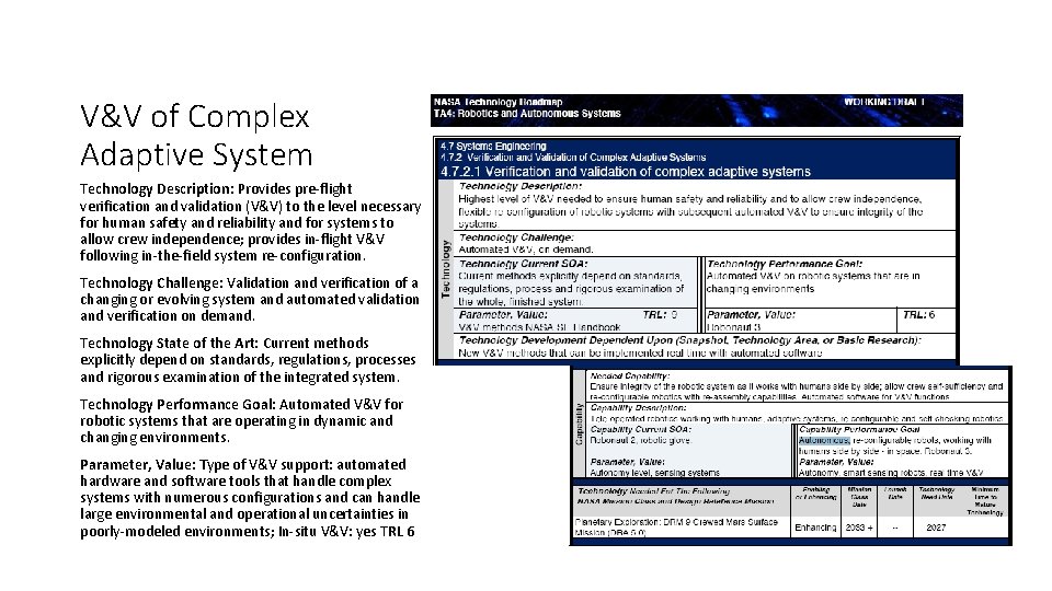 V&V of Complex Adaptive System Technology Description: Provides pre-flight verification and validation (V&V) to