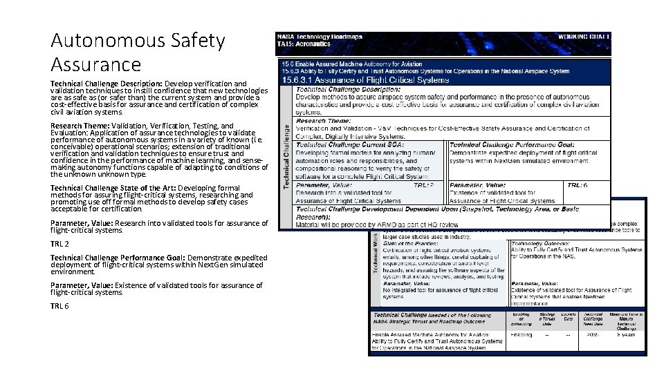 Autonomous Safety Assurance Technical Challenge Description: Develop verification and validation techniques to instill confidence