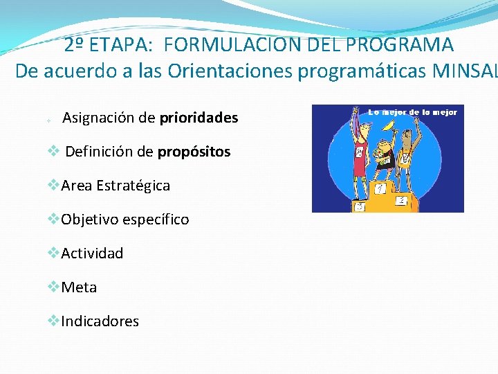 2º ETAPA: FORMULACION DEL PROGRAMA De acuerdo a las Orientaciones programáticas MINSAL v Asignación