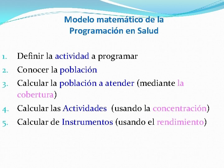 Modelo matemático de la Programación en Salud 1. Definir la actividad a programar 2.